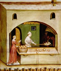 Cuisson du pain blanc, illustration du Tacuinum Sanitatis Codex Vindobonensis